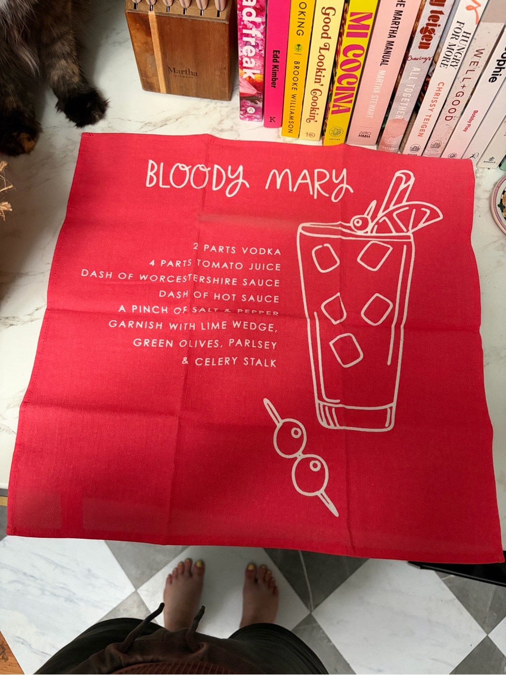 Bloody Mary Cocktail Tea Towel - Red with White Print